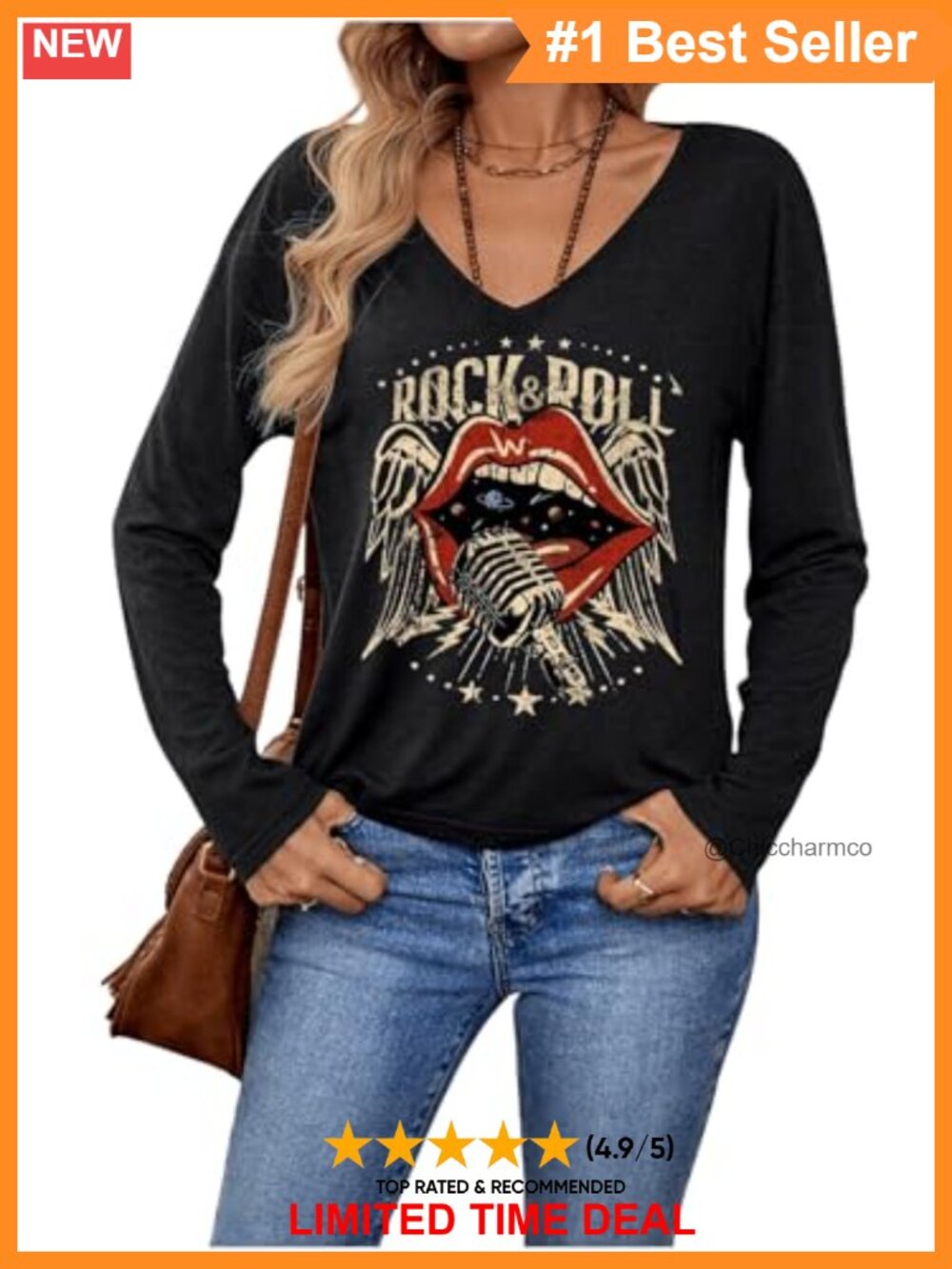 Women's Graphic V Neck Long Sleeve T-Shirt Vintage Rock Roll Tee